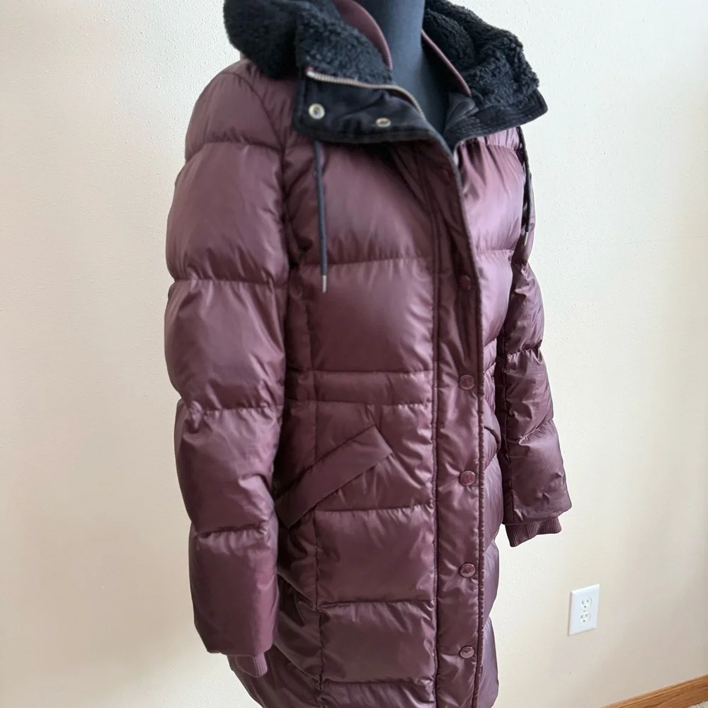 Coach Plum Down Puffer Coat Long Hooded Faux Fur Trim Small Winter - Picture 5 of 16